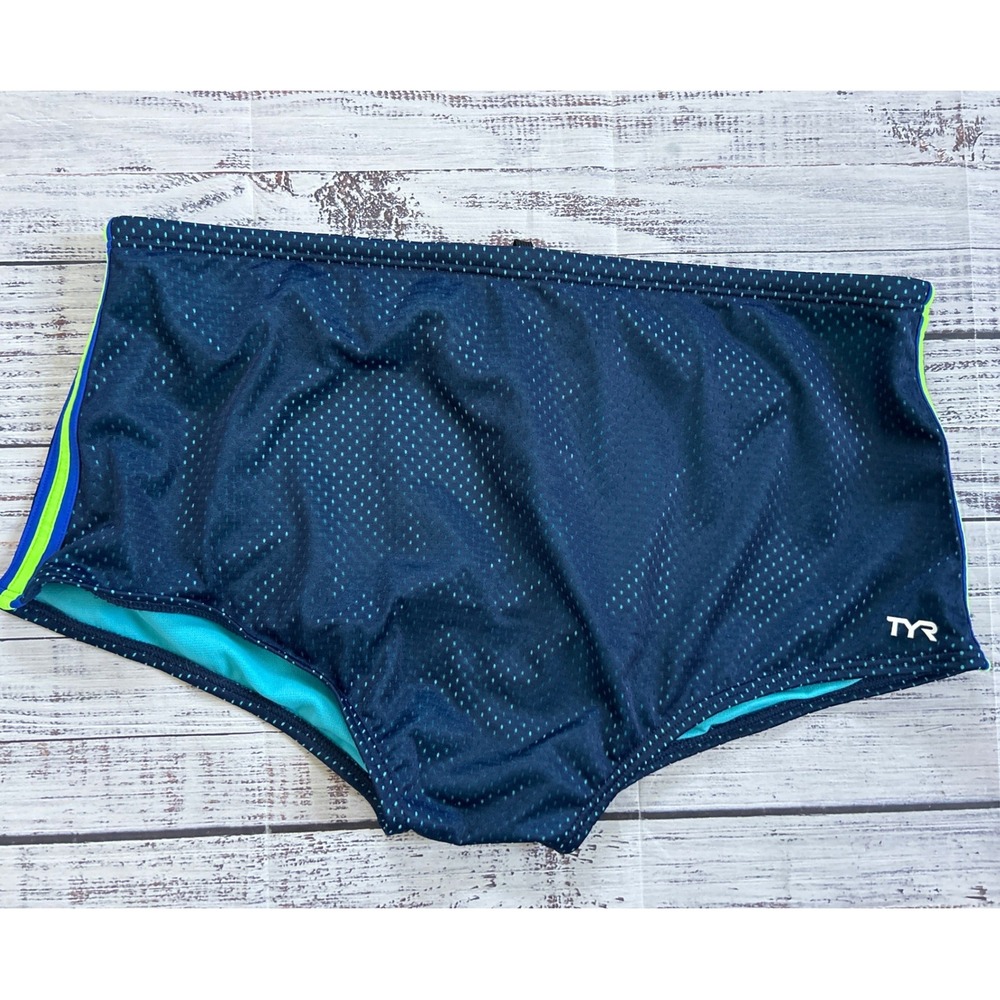 TYR Swim Trainer Suit Trunks Men Navy Blue Neon Stripe Mesh Performance Size 36